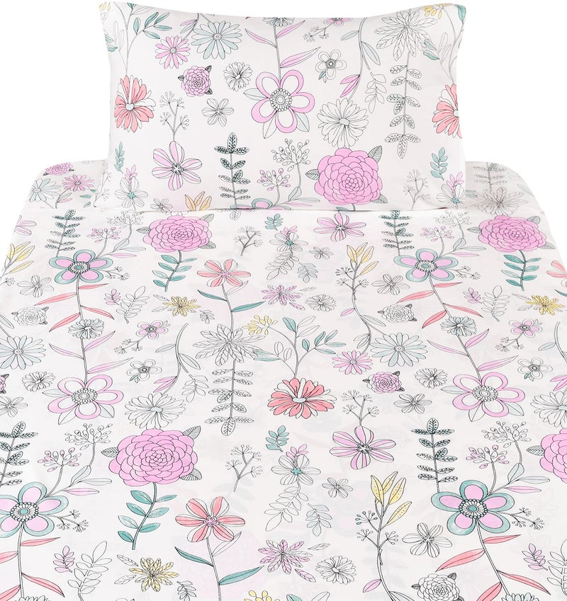 جيه-بينو مجموعة ملاءات مزدوجة من J pinno Painting Flower Plant لطيفة ومريحة وممتعة للأطفال والبنات والأطفال، ملاءة مسطحة من القطن بنسبة 100% + ملاءة جاهزة + طقم غطاء وسادة (زهرة توأم) - Image 3